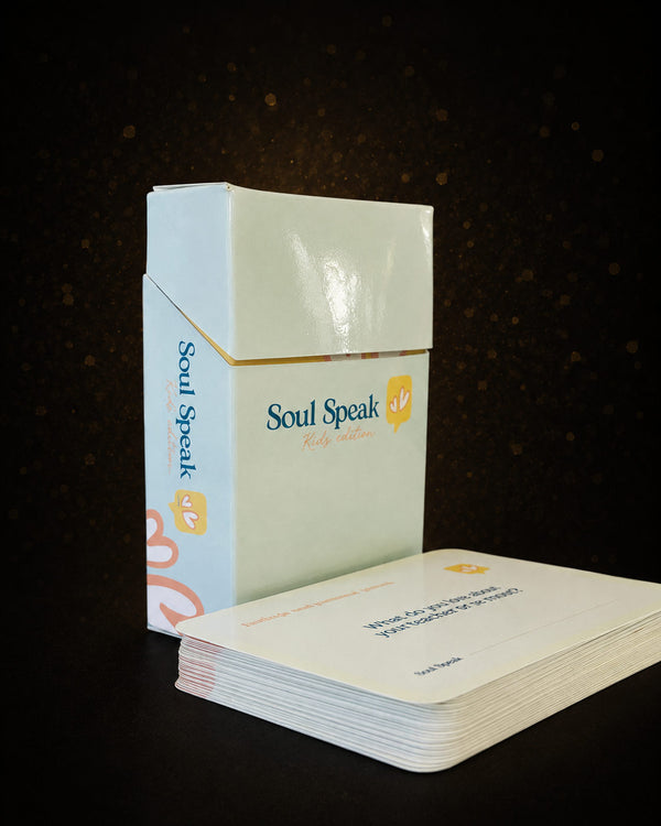 Card deck with 'Soul Speak' Kids edition packaging on a dark background