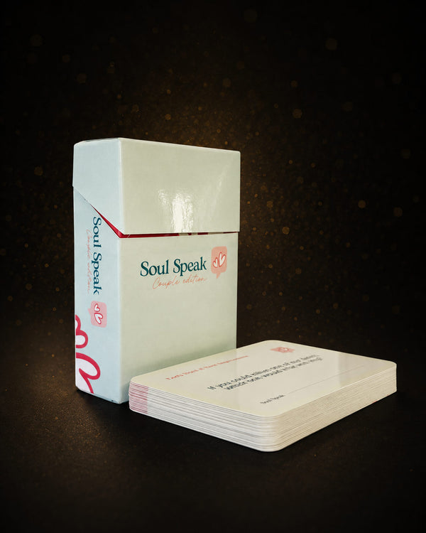 Box packaging for Soul Speak Couples Edition, on a dark background.