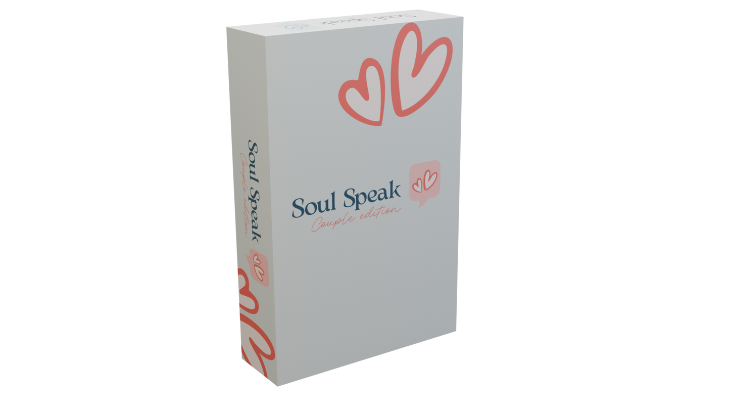 Front of White box with Soul Speak Couples Edition branding and heart designs on a white background