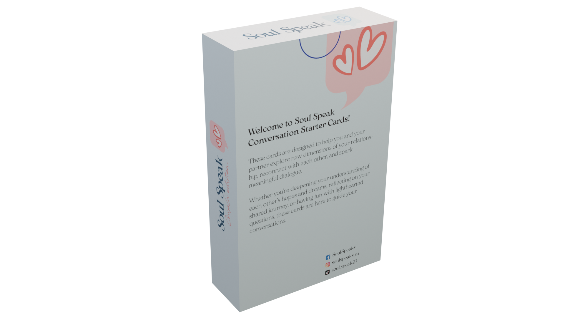 Back end of Soul Speaks Couples Edition Product packaging with text and Hearts branding on a white background.