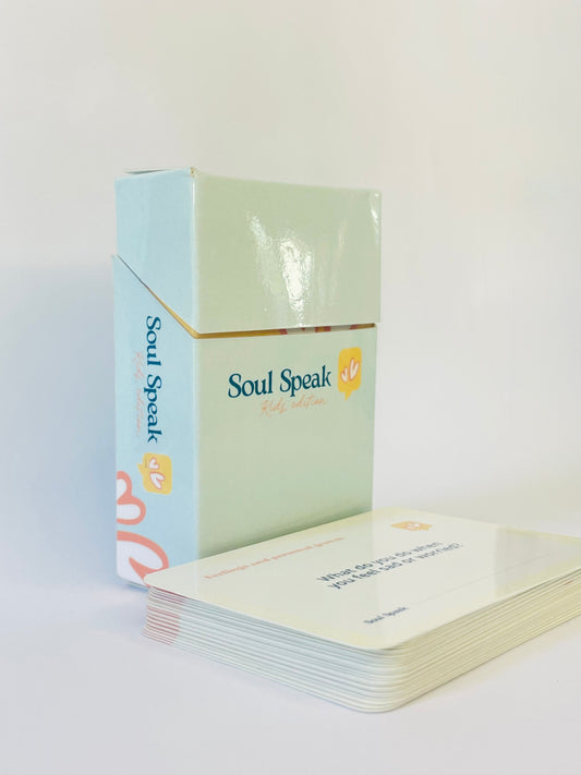 Front Face of Soul Speak Kids Edition Card deck titled with a light blue and green box on a white background.