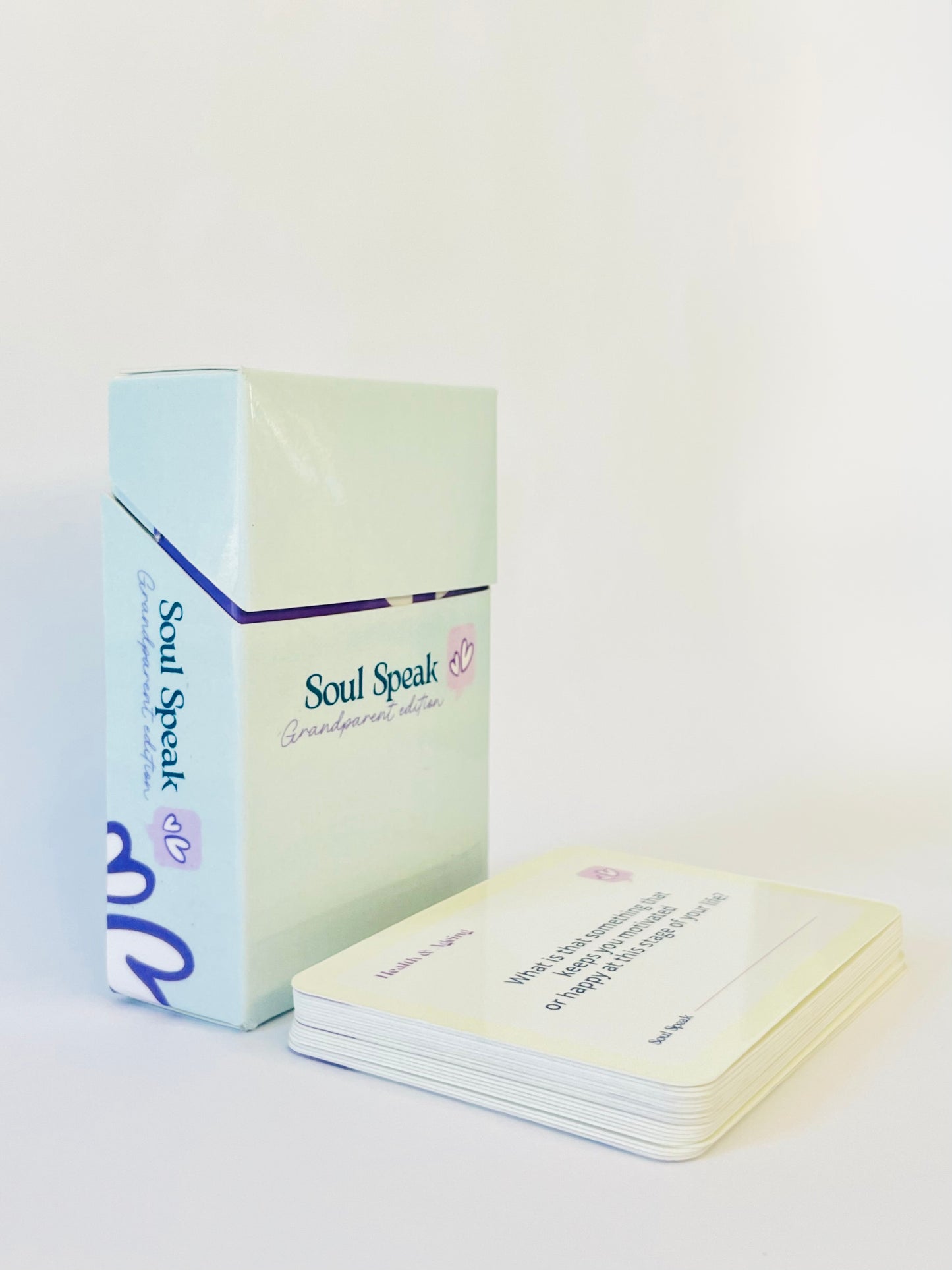 Soul Speak Grandparent Edition card deck front packaging with cards on a white background