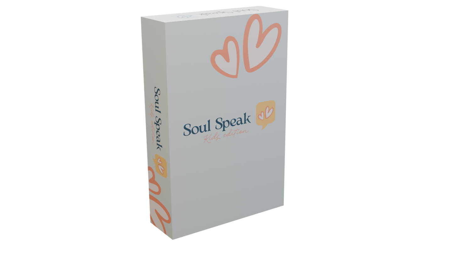 Soul Speaks Transparent image White box with Soul Speak Kids Edition branding and heart designs on a white background.